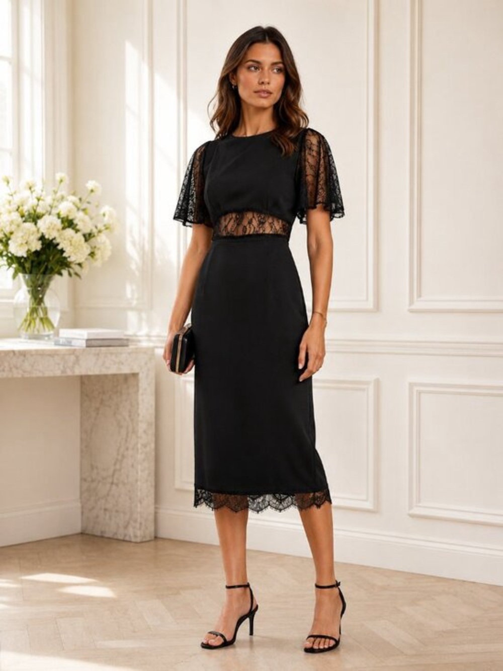 Zara | Dresses | Zara Black Lacetrim Midi Dress Size L